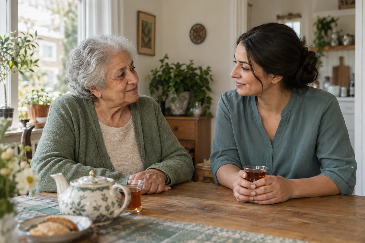 Sfeerbeeld van een oudere vrouw en een zorgverlener die thuis aan tafel met elkaar praten